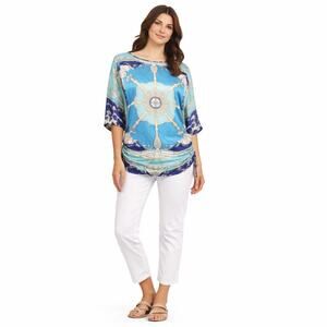 Polyester Satin Blue Nautical Scarf Print Tie-Side Tunic Top Medium Large